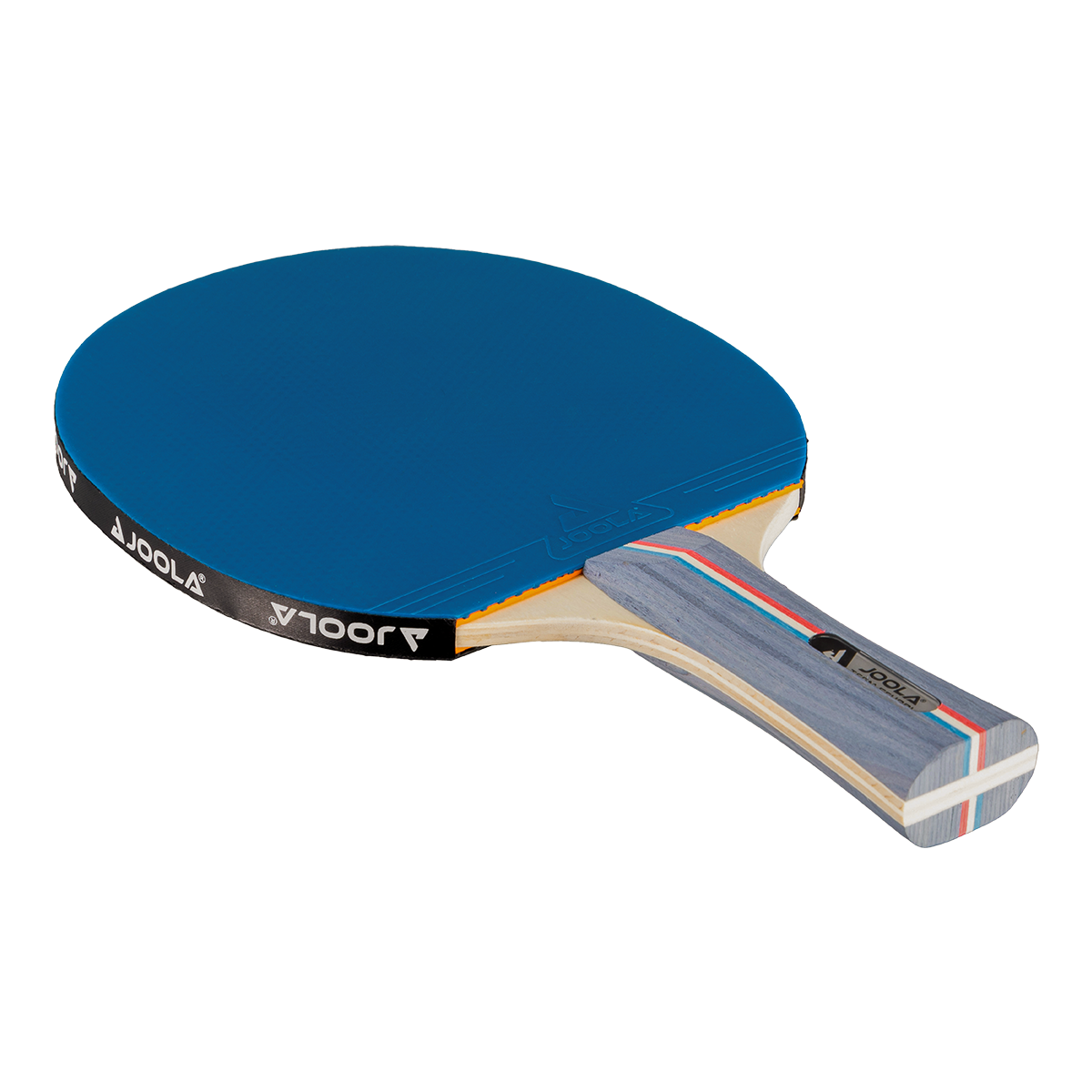 Tischtennisschläger mit blauem Belag und Holzgriff.