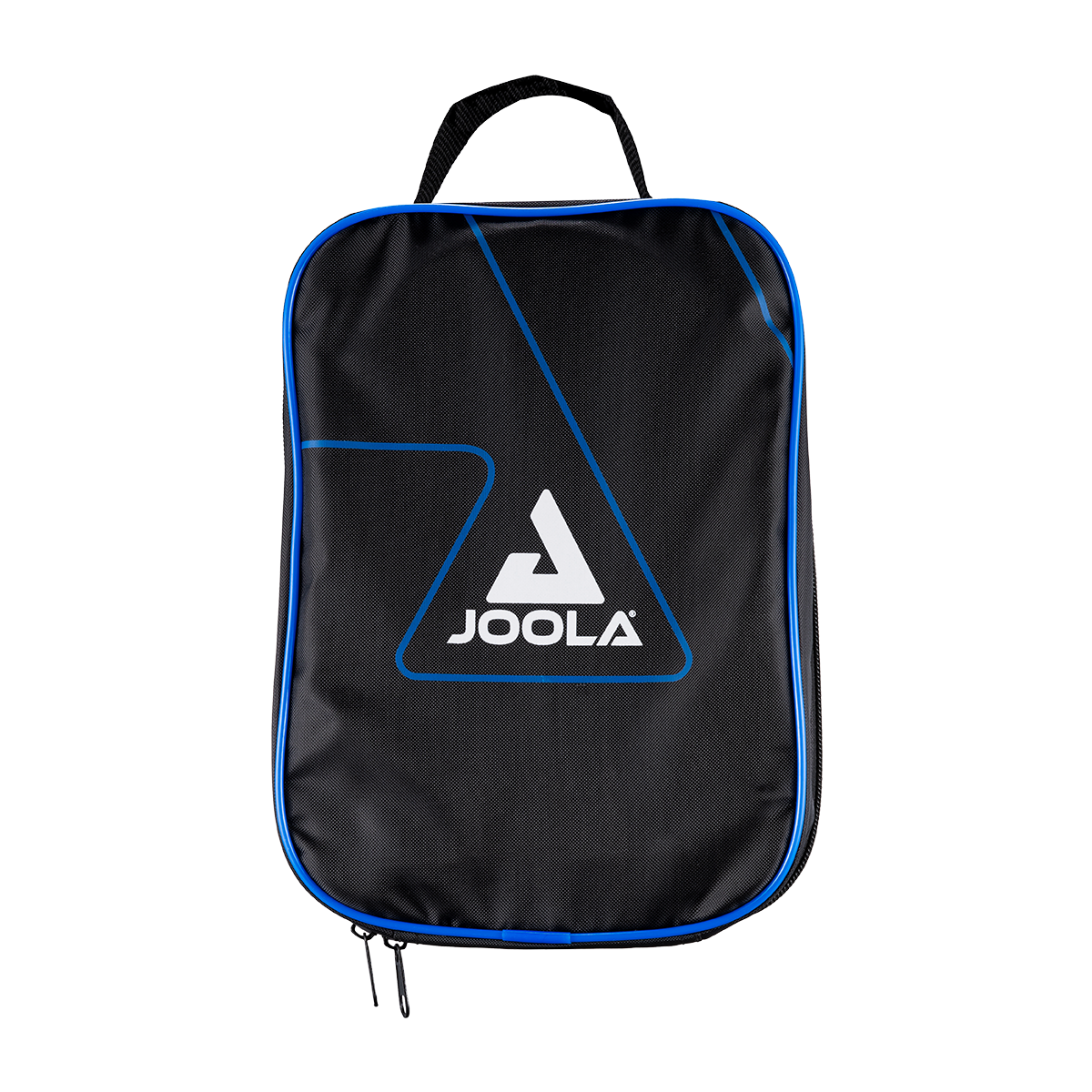 Schwarze JOOLA Tasche mit blauem Rand und Tragegriff, rechteckig, mit Reißverschluss.