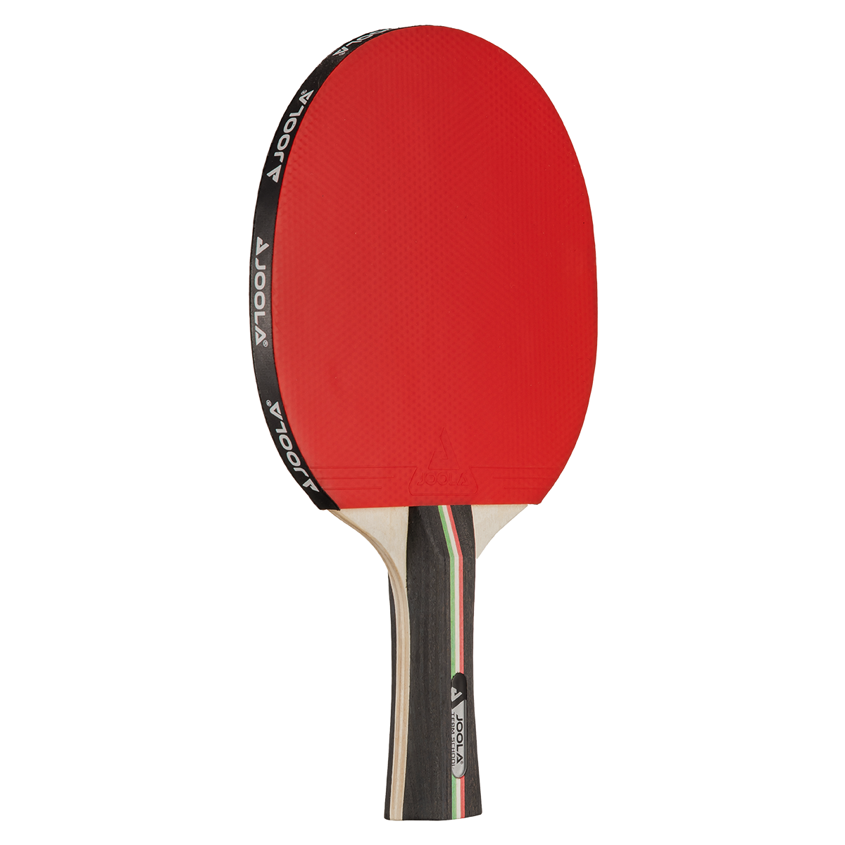 Tischtennisschläger mit rotem Belag und Holzgriff, Marke JOOLA.