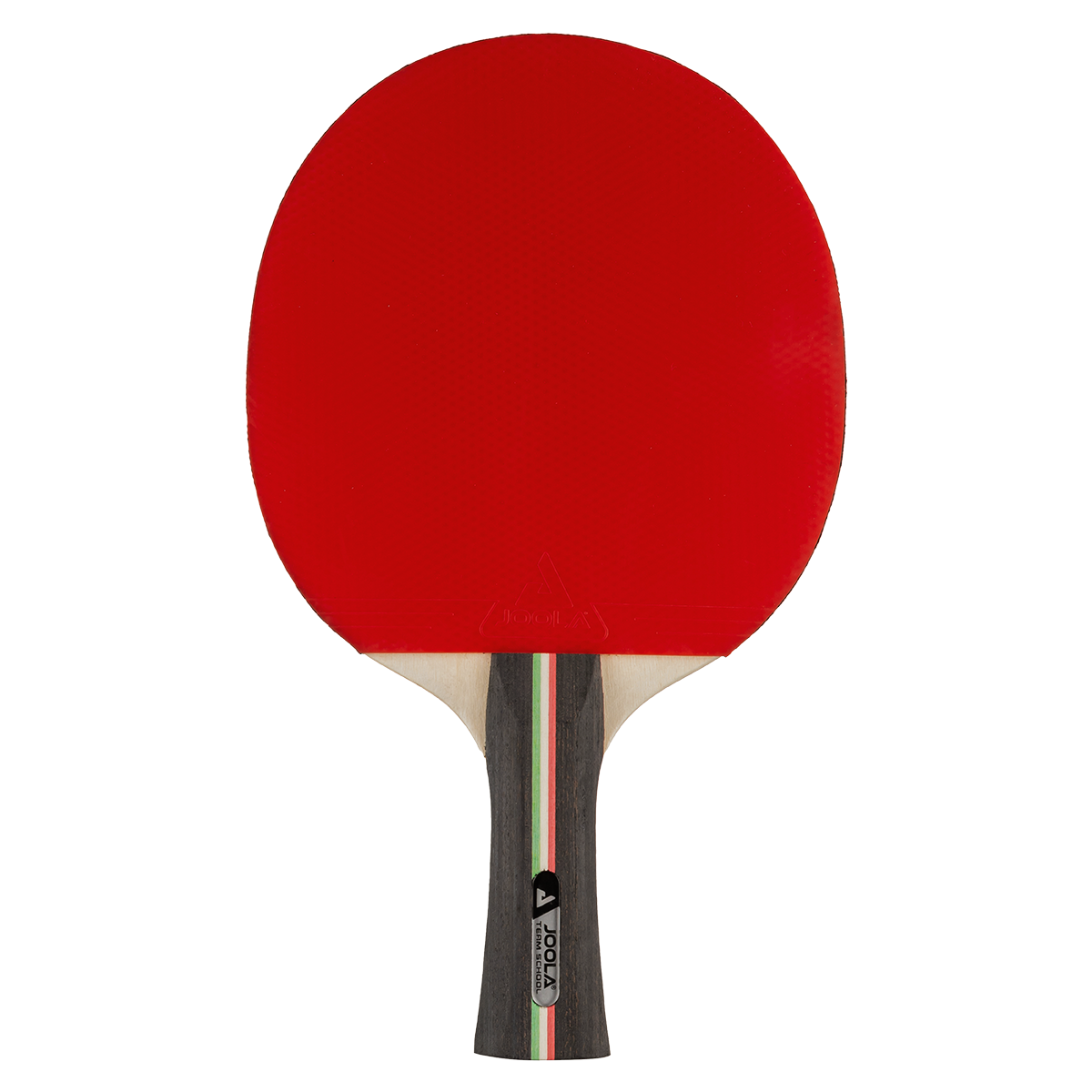 Tischtennisschläger mit rotem Belag und Holzgriff.