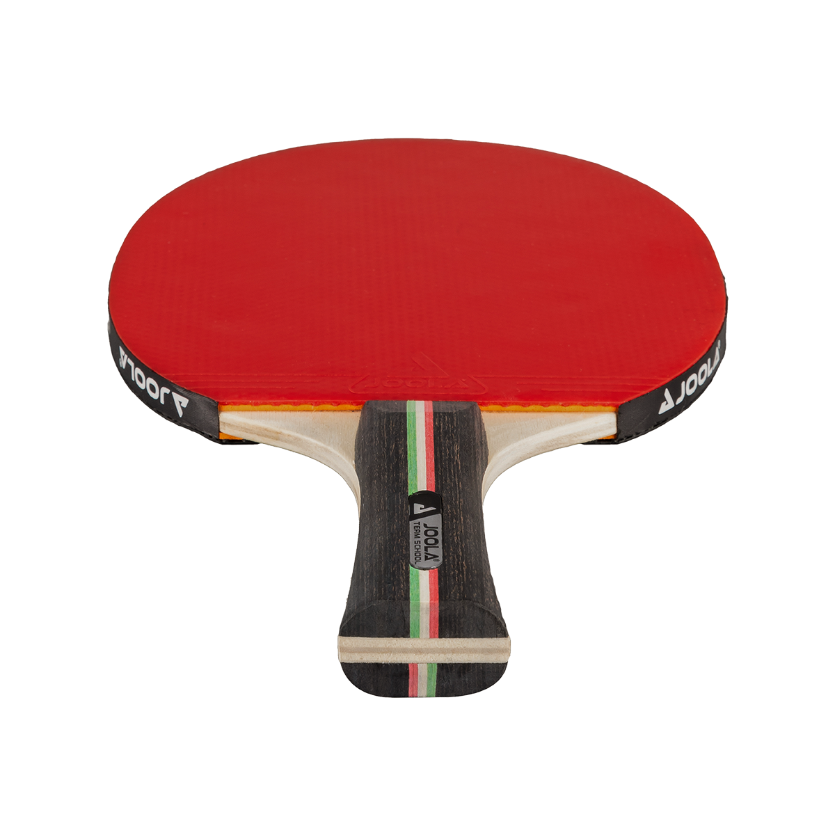 Tischtennisschläger mit rotem Belag und schwarzem Griff mit grünen und roten Streifen.