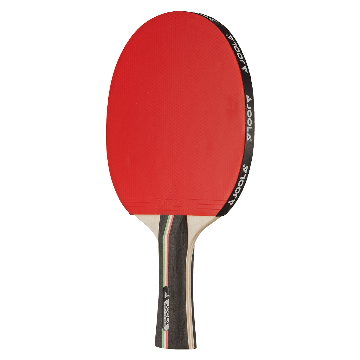 Tischtennisschläger mit rotem Belag und Holzgriff, Marke JOOLA.