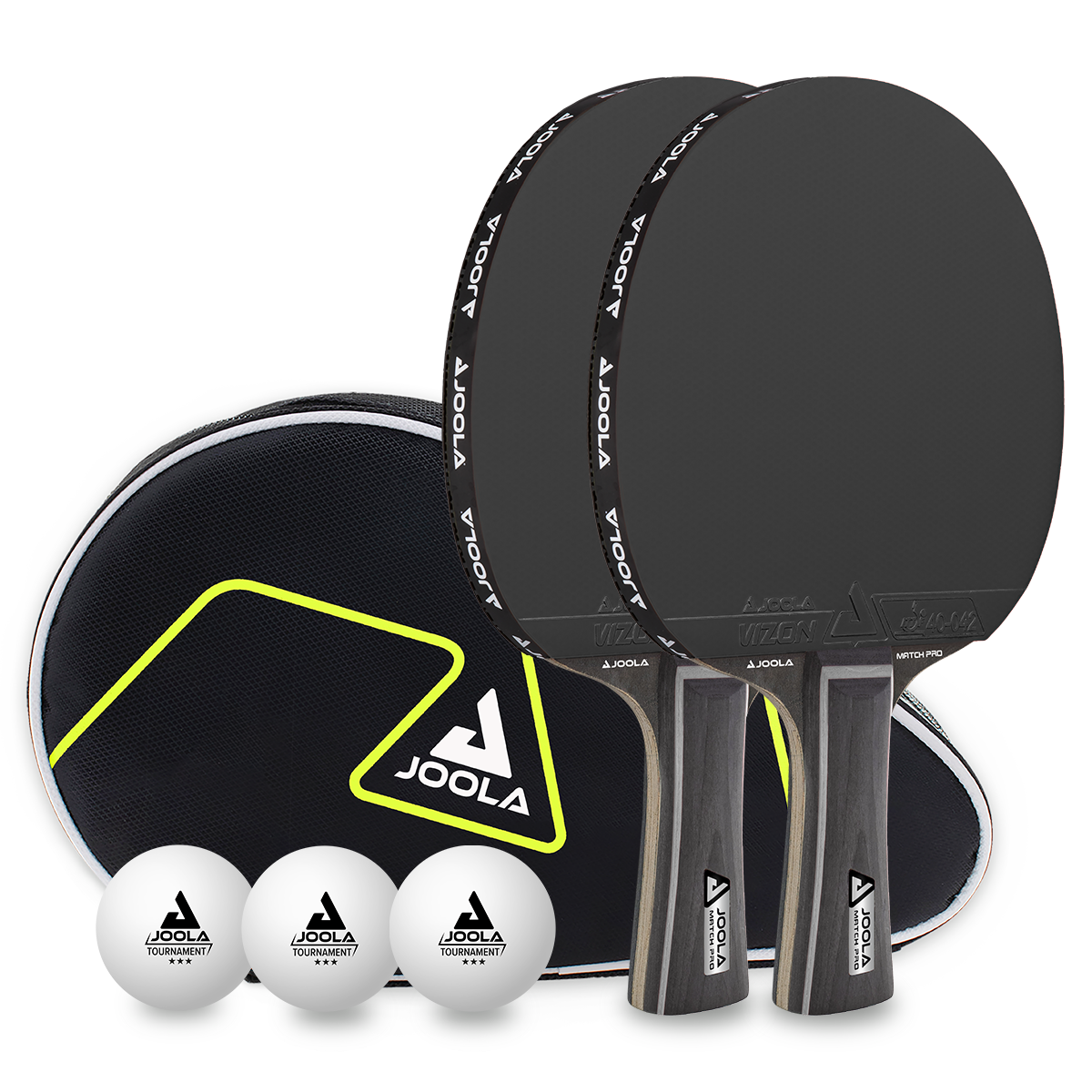 Zwei JOOLA Tischtennisschläger mit Hülle und drei weißen JOOLA Tischtennisbällen, schwarz-graues Design.
