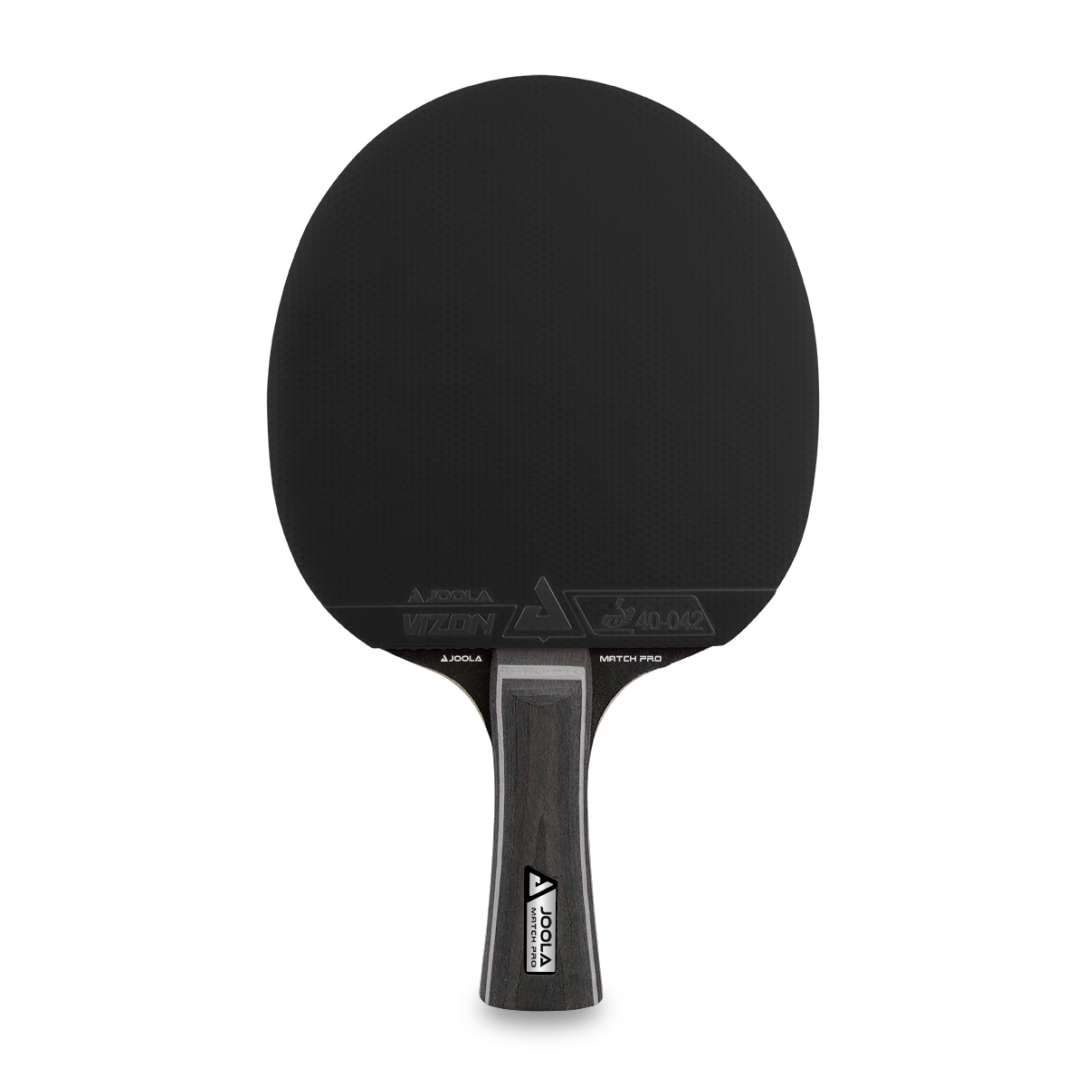 Schwarzer JOOLA Match Pro Tischtennisschläger mit Vizon Belag und ergonomischem Griff, frontal dargestellt.
