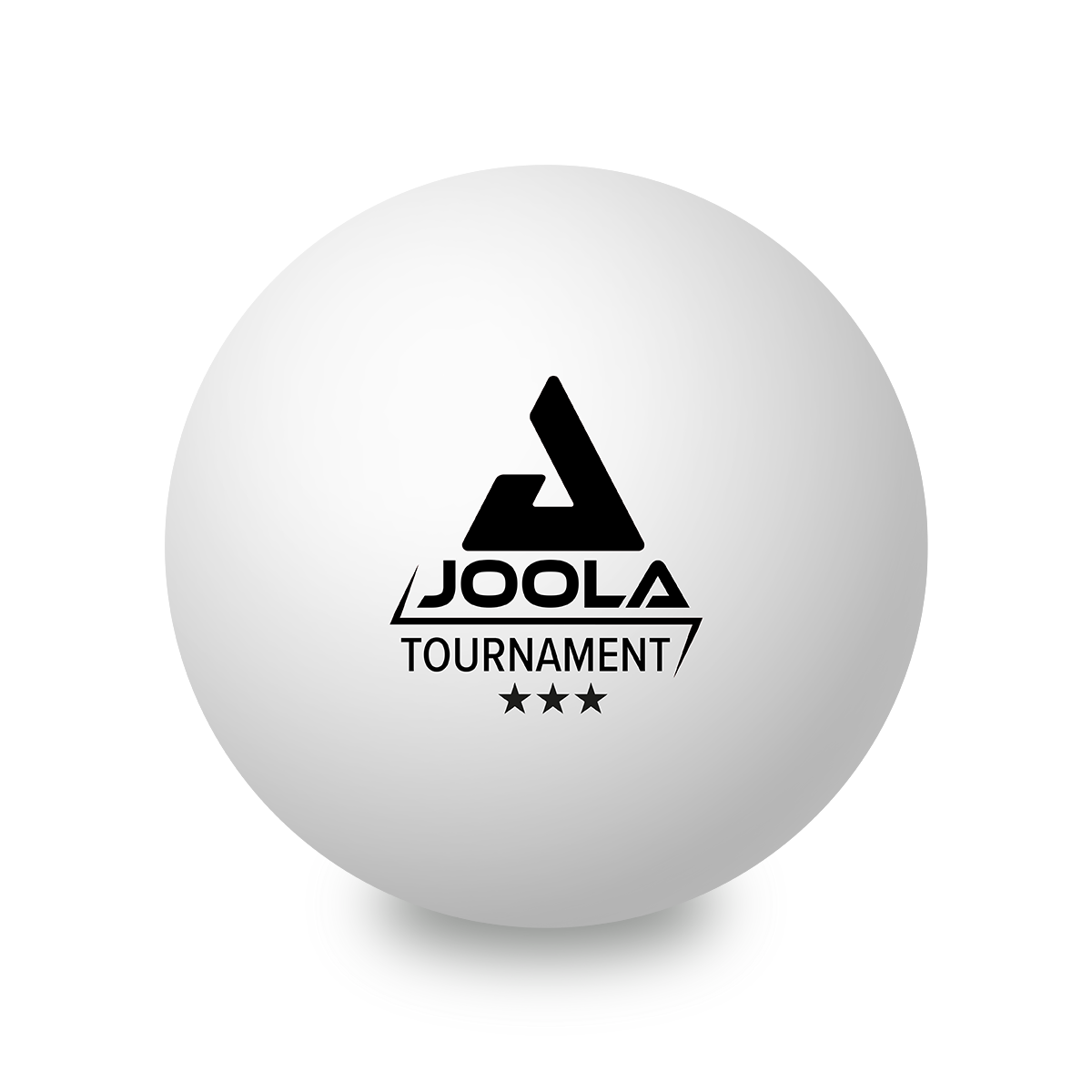 Weißer JOOLA Tournament Tischtennisball mit schwarzem Logo und drei Sternen, auf weißem Hintergrund.
