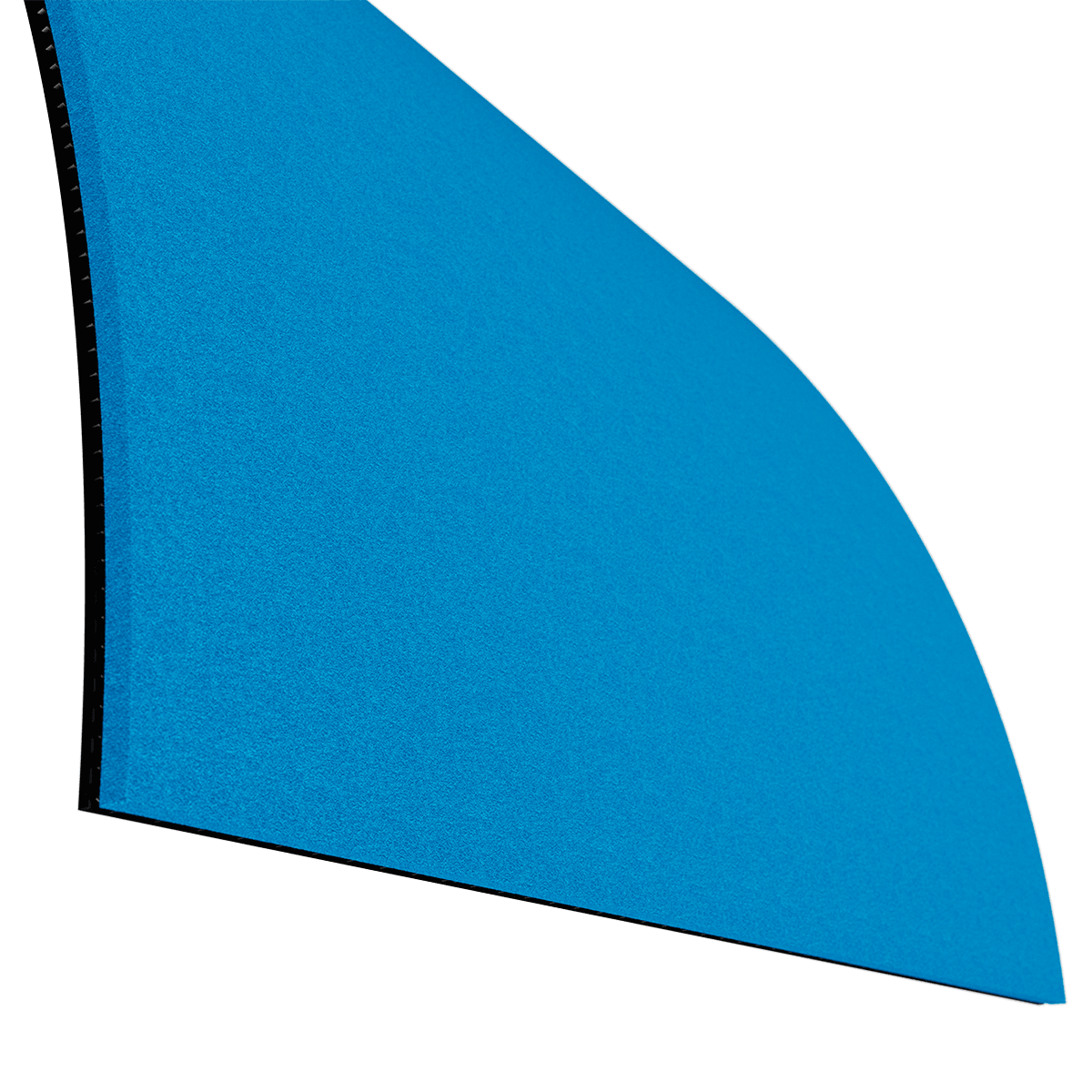 Blaues, abgerundetes Akustikpaneel mit schwarzer Rückseite.