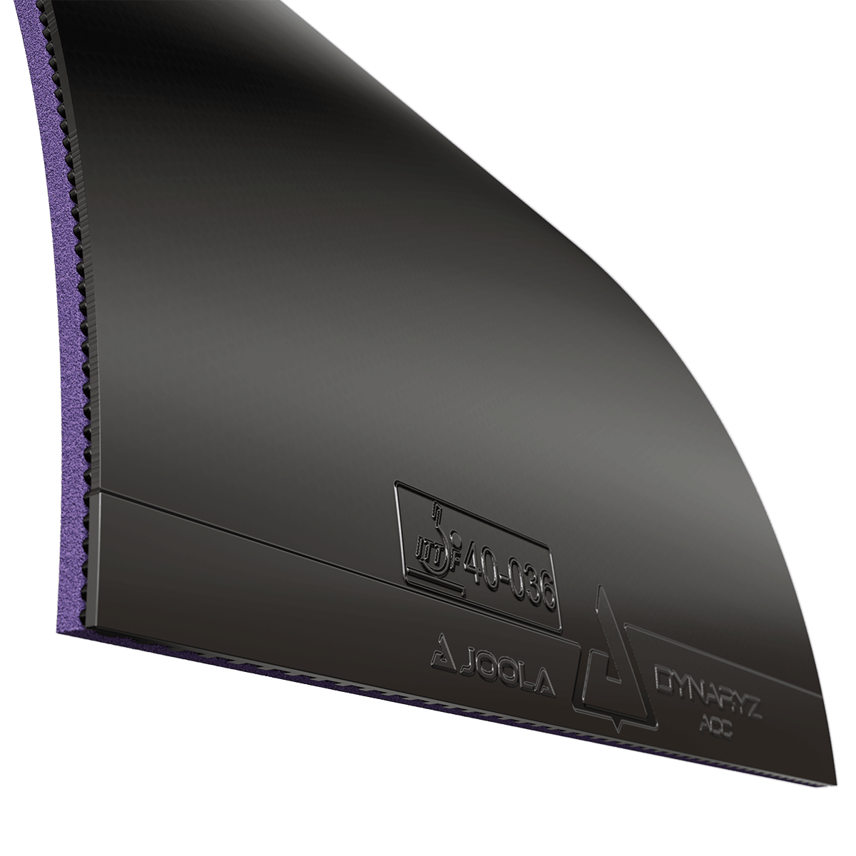 Schwarzer JOOLA Dynaryz Tischtennisbelag mit glatter Oberfläche und lila Schwamm.