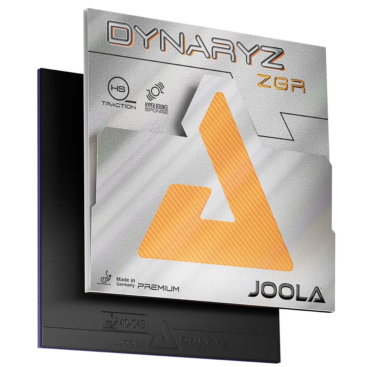 Produktbild eines JOOLA Dynaryz ZGR Tischtennisbelags in silber-orange Verpackung.