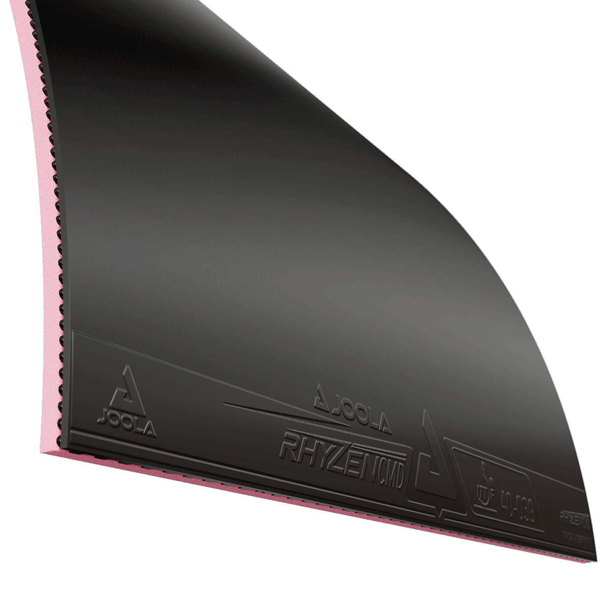 Schwarzer JOOLA Rhyzen CMD Tischtennisbelag mit rosa Schwamm, Nahaufnahme.