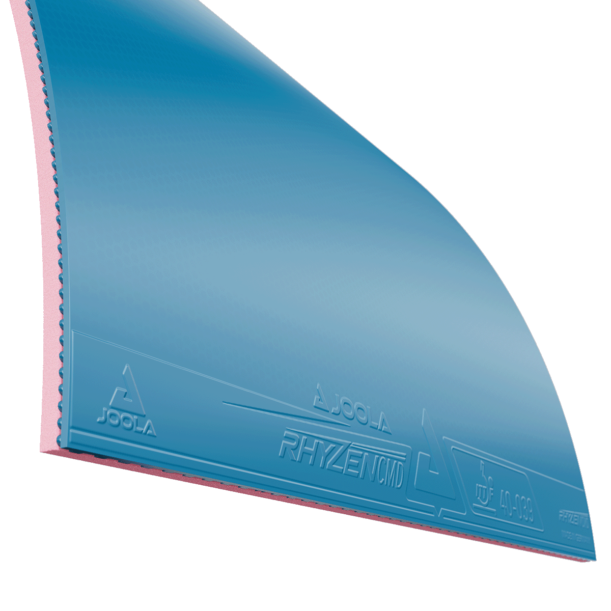 Tischtennisbelag JOOLA Rhyzen CMD in Blau mit rotem Schwamm, Nahaufnahme einer Ecke.