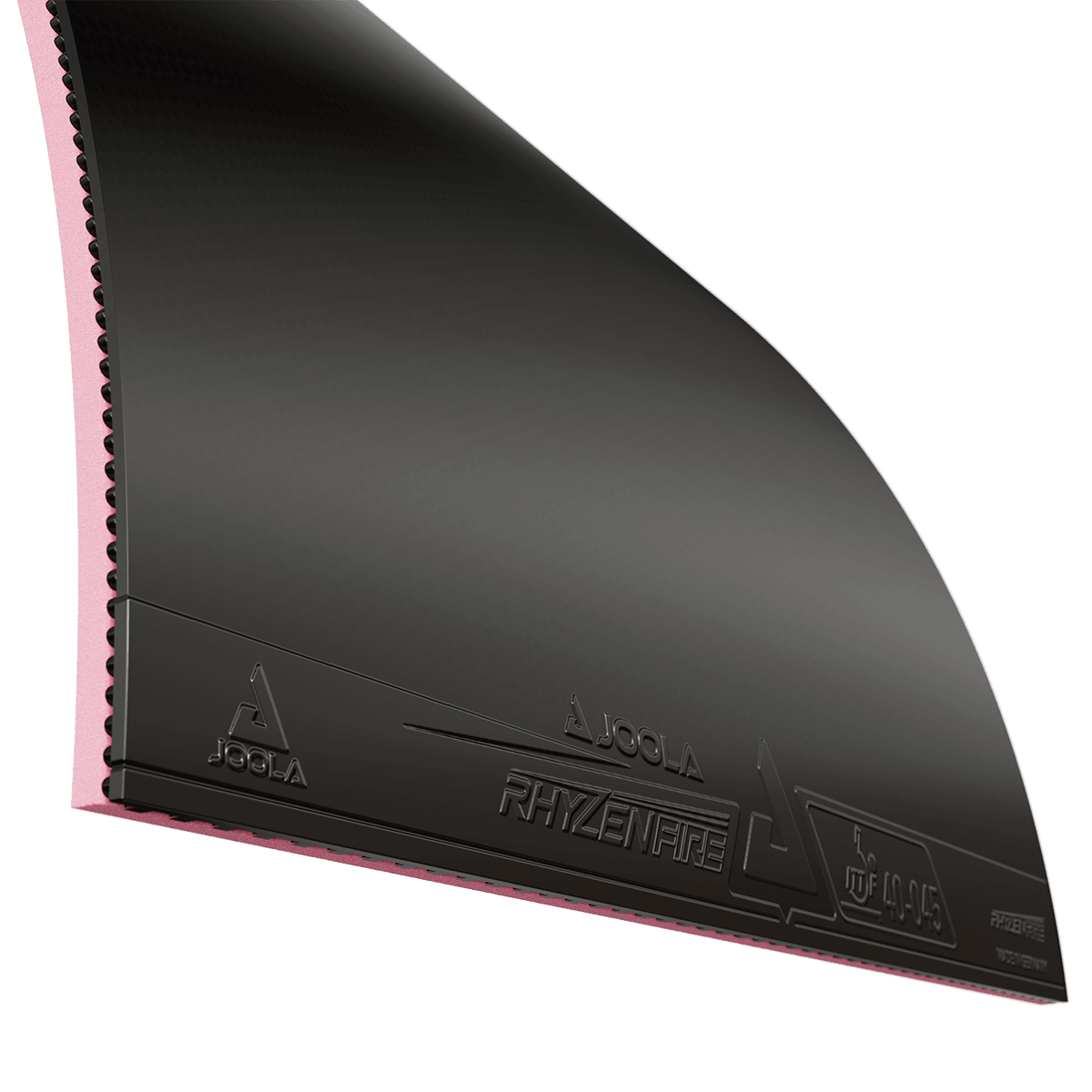 Schwarzer JOOLA Rhzyenfire Tischtennisbelag mit rotem Schwamm, Nahaufnahme.