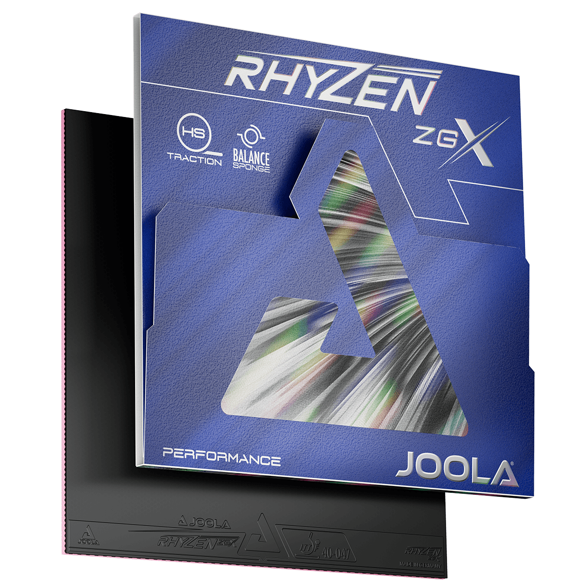 Verpackung eines JOOLA Rhyzen ZGX Tischtennisbelags in Blau mit Sichtfenster und schwarzem Belag mit rotem Schwamm.