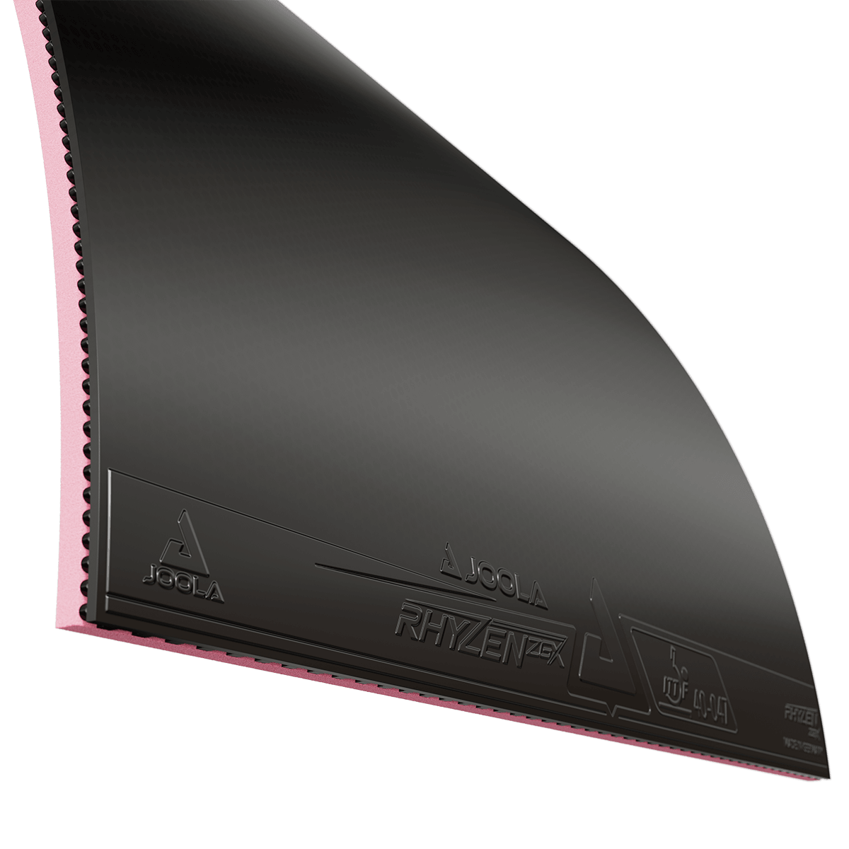 Schwarzer JOOLA RhYZEN Tischtennisbelag mit rosa Schwamm, Nahaufnahme.