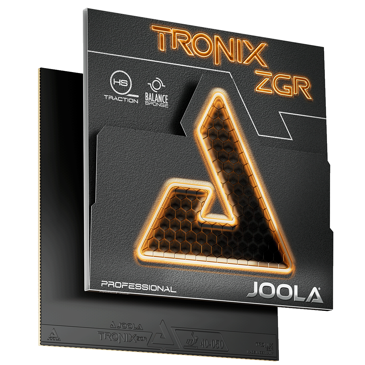 Schwarzer JOOLA Tronix ZGR Tischtennisbelag mit orange leuchtendem Logo und professioneller Ausstattung.