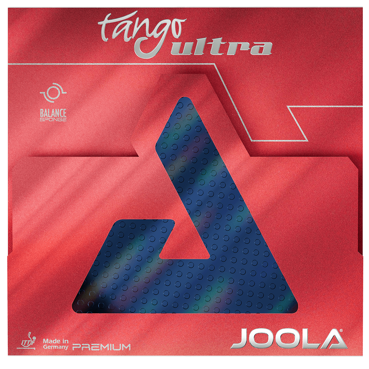 Roter JOOLA Tango Ultra Tischtennisbelag mit blauer Noppenstruktur und Balance Sponge Technologie.