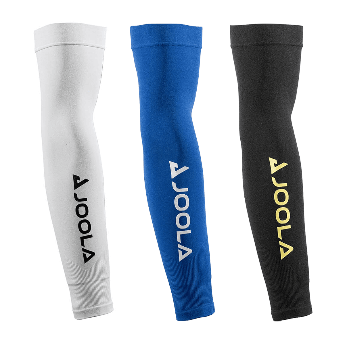 Drei JOOLA Armsleeves in Weiß, Blau und Schwarz mit Logo, nebeneinander abgebildet.
