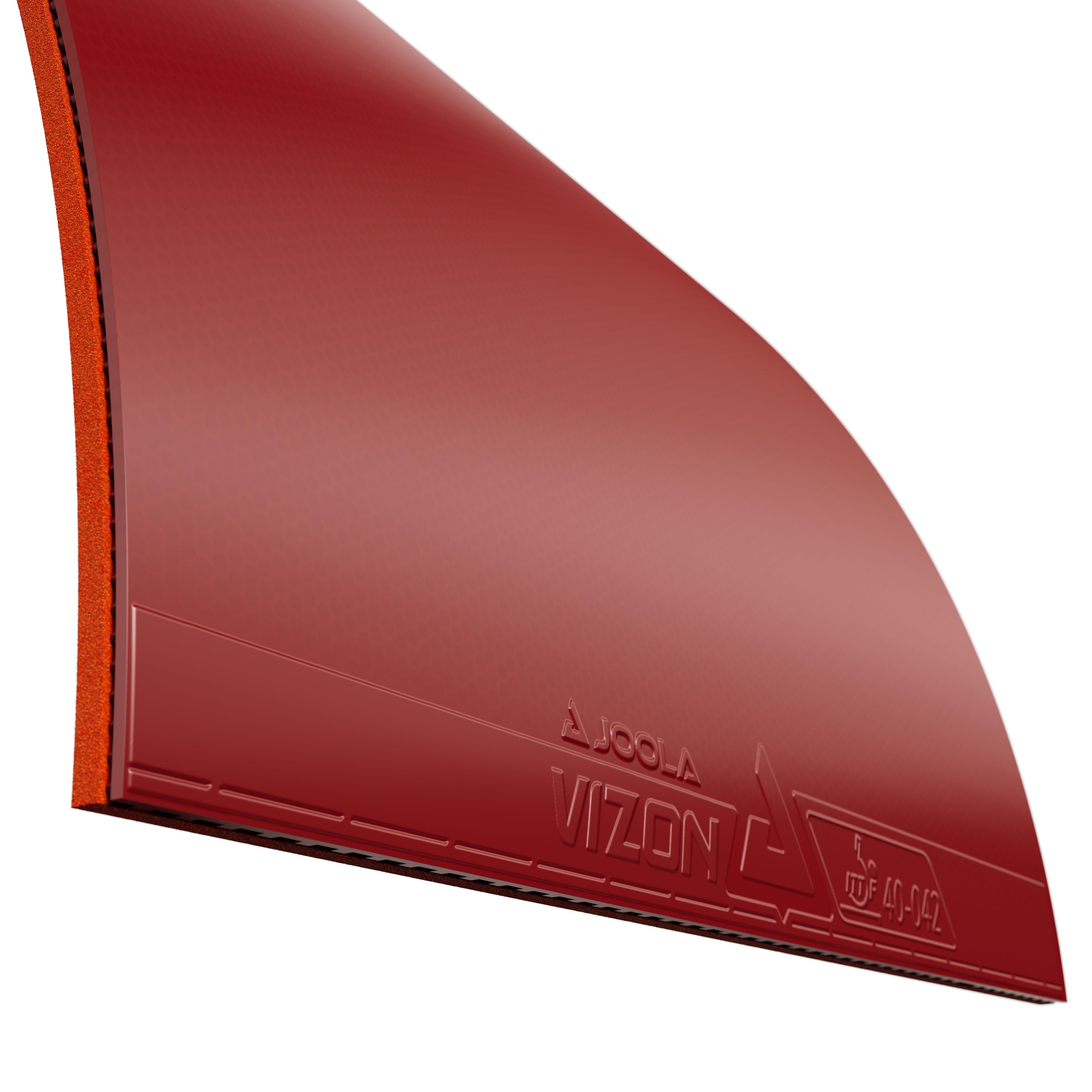 Roter JOOLA Vizon Tischtennisbelag mit orangener Schwammunterlage, Nahaufnahme.